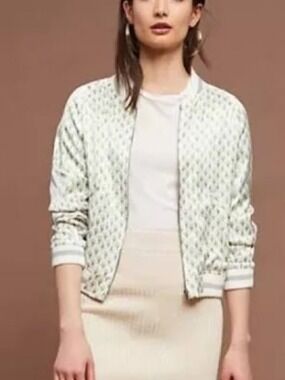 Anthropologie Tiny Editions Bomber Jacket Large Ivory Satin Floral Embroidery
